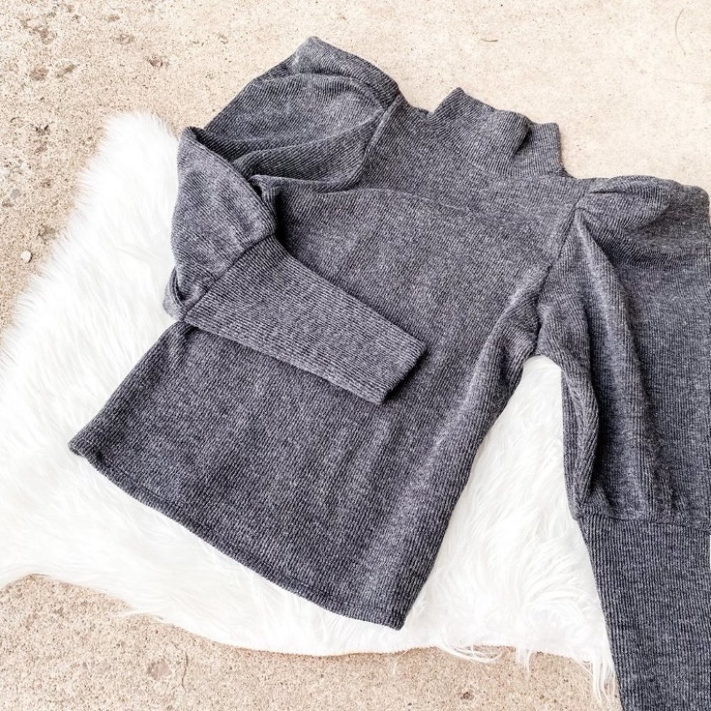 Express Charcoal Gray Ribbed Mock Neck Long Sleeve Puff Shoulder Top